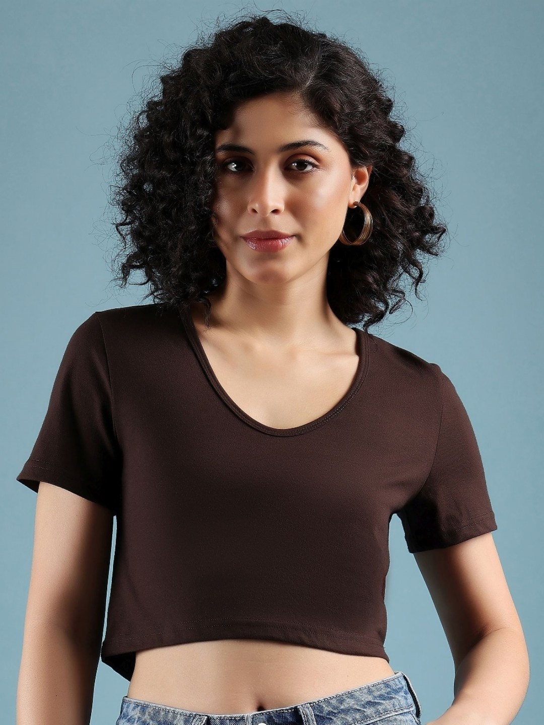 

DressBerry Women Solid V-Neck Cotton Boxy T-shirt, Brown