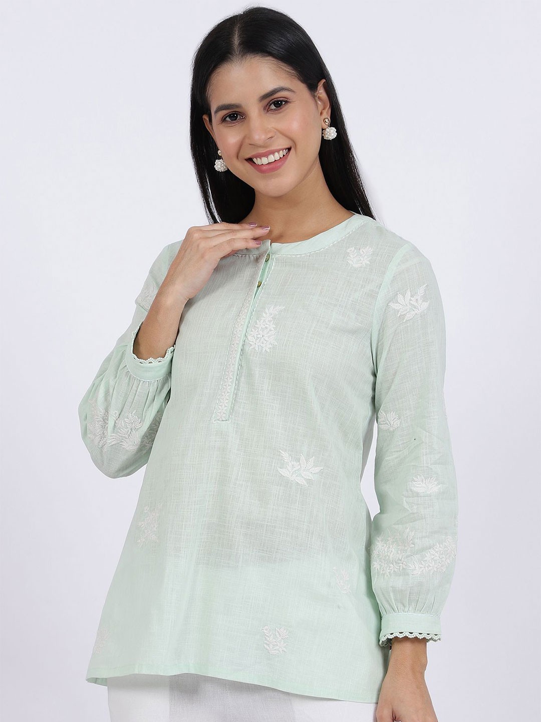 

W Women Mandarin Collar Pure Cotton Top, Green