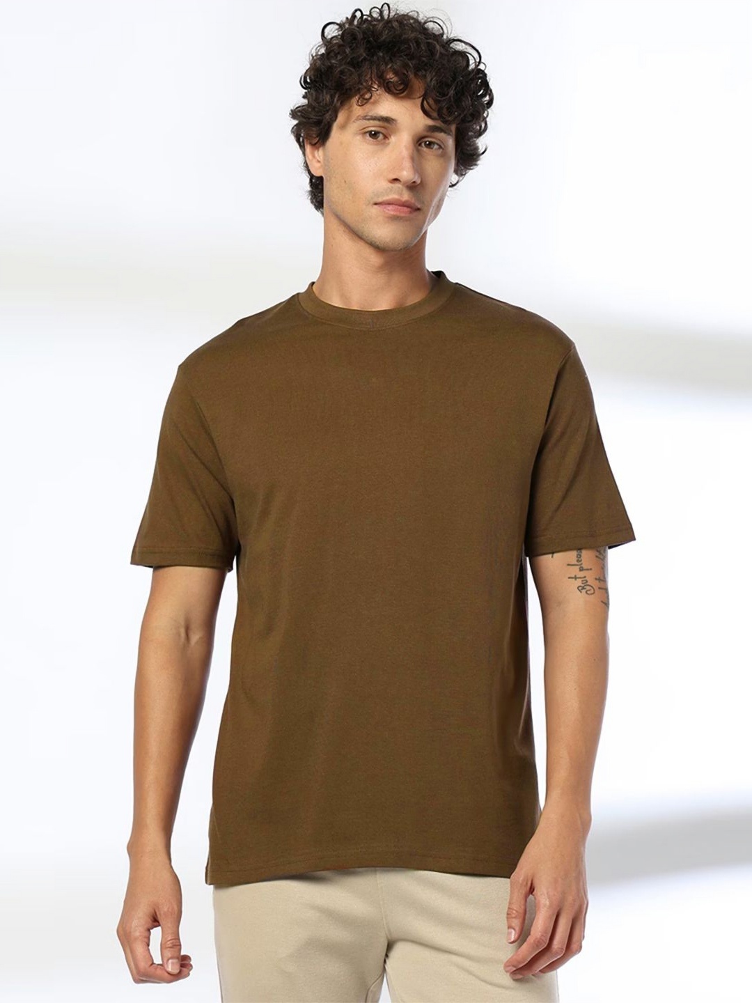 

SONIBROS Men Raw Edge T-shirt, Brown