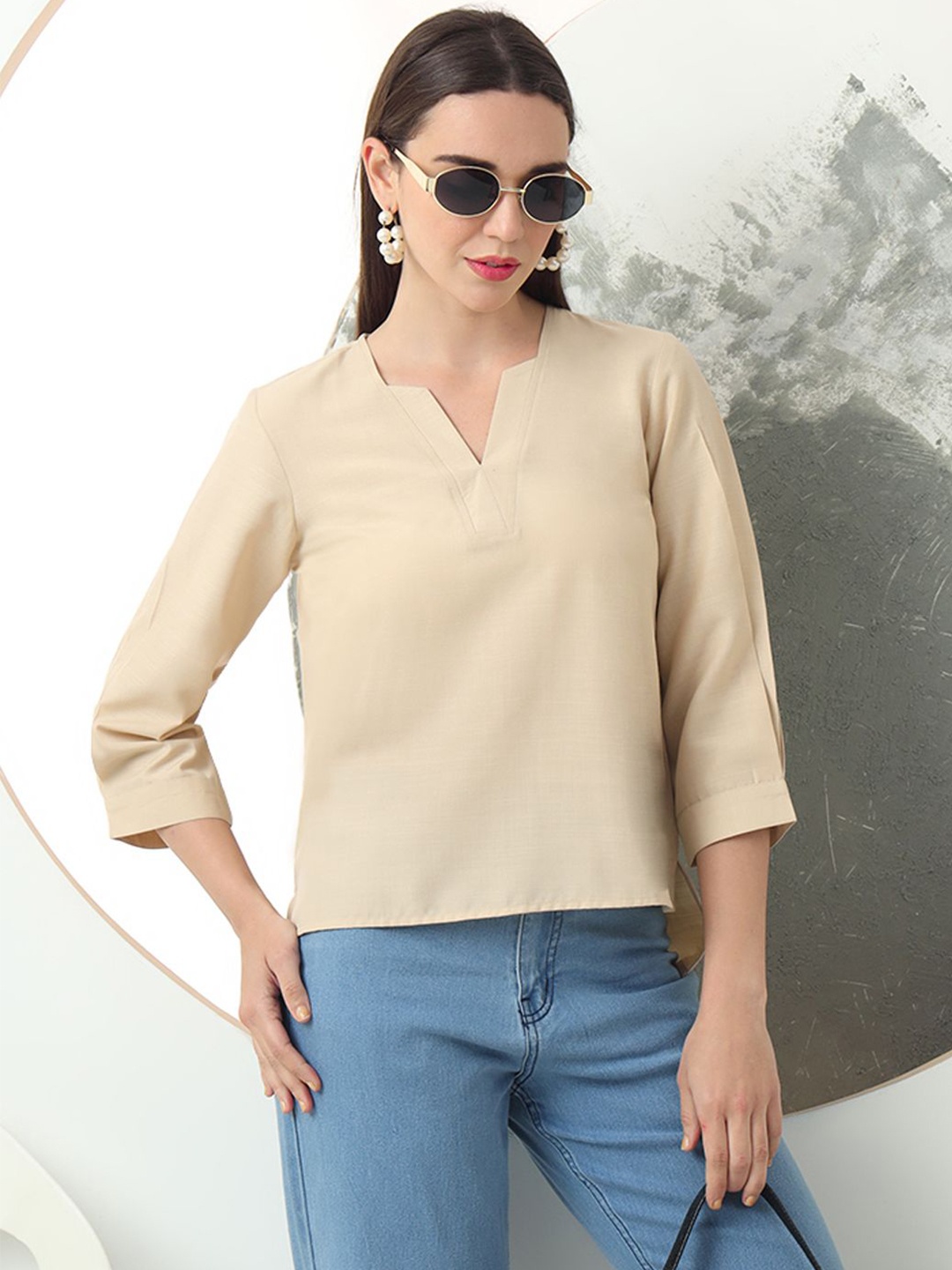 

FITHUB Women V-Neck Linen Top, Cream