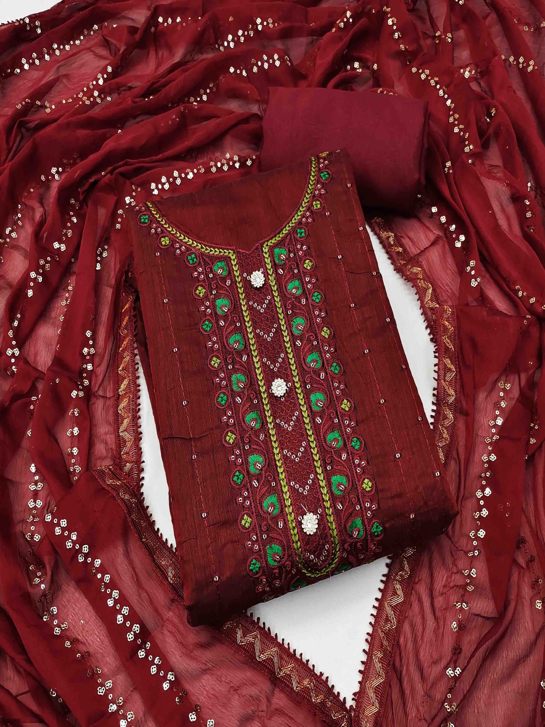 

Blissta Floral Embroidered Sequinned Work Unstitched Dress Material, Maroon