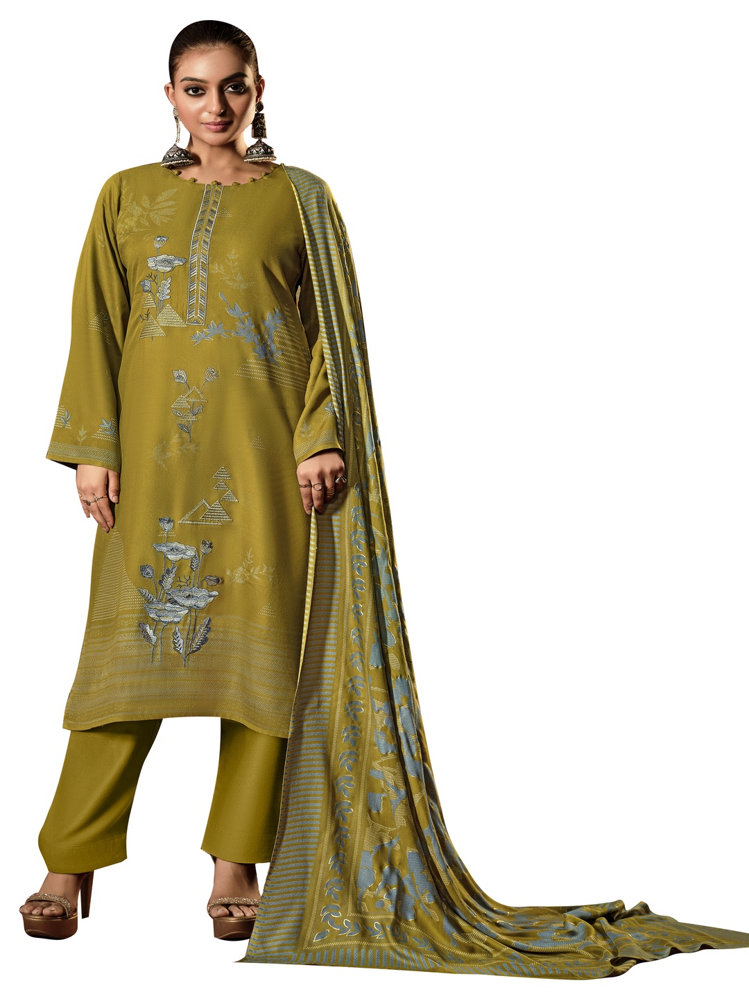 

DRAVINAM Trends Floral Embroidered Pashmina Unstitched Dress Material, Yellow