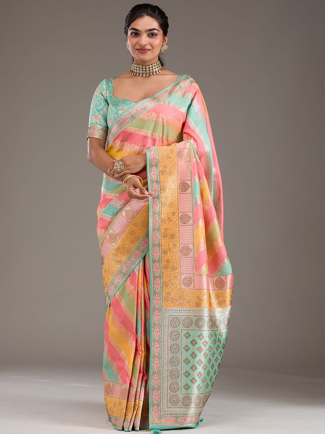 

Koskii Mustard Embellished/Sequined Raw Silk Saree