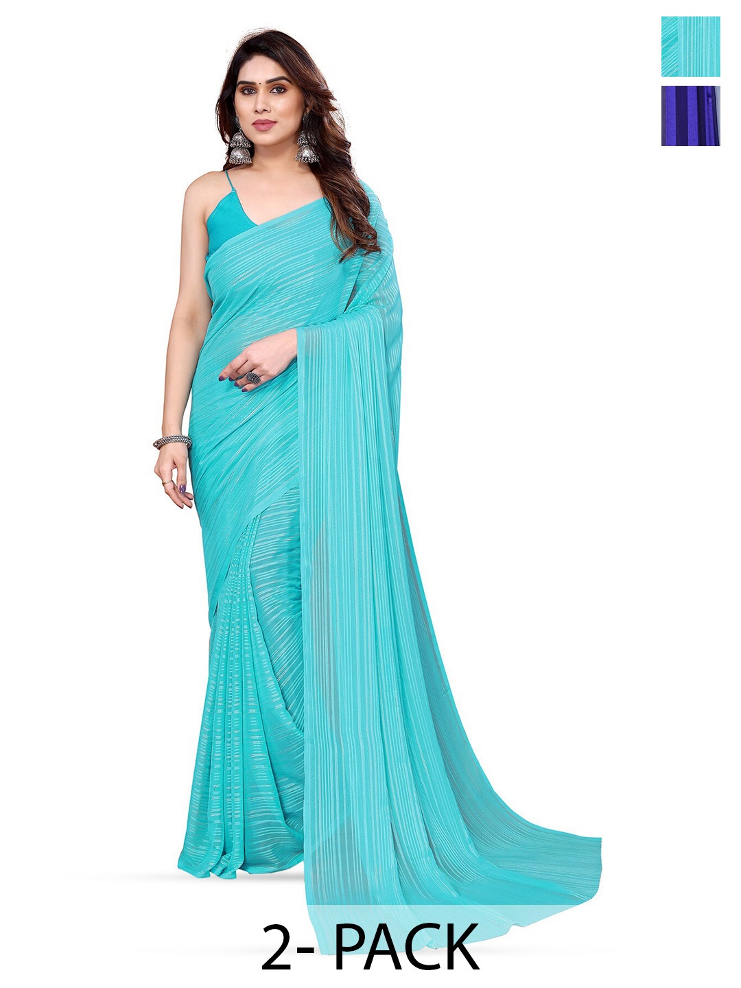 

Moda Rapido Set of 2 Striped Satin Saree, Blue