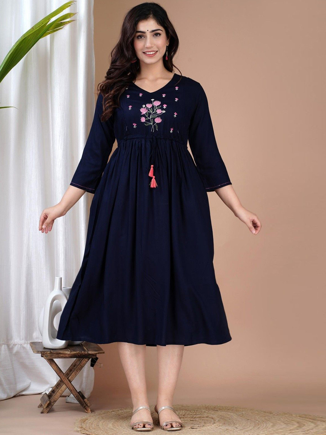 

clothonus Asha Floral Embroidered V-Neck Fit & Flare Maternity Ethnic Dress, Blue