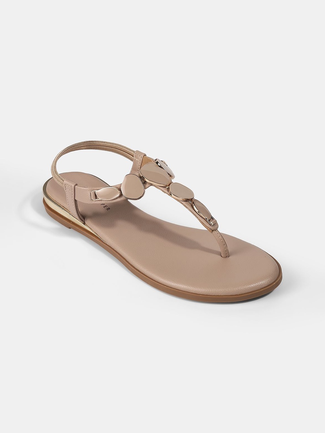 

LEMON & PEPPER Women Embellished T-Strap Flats, Beige