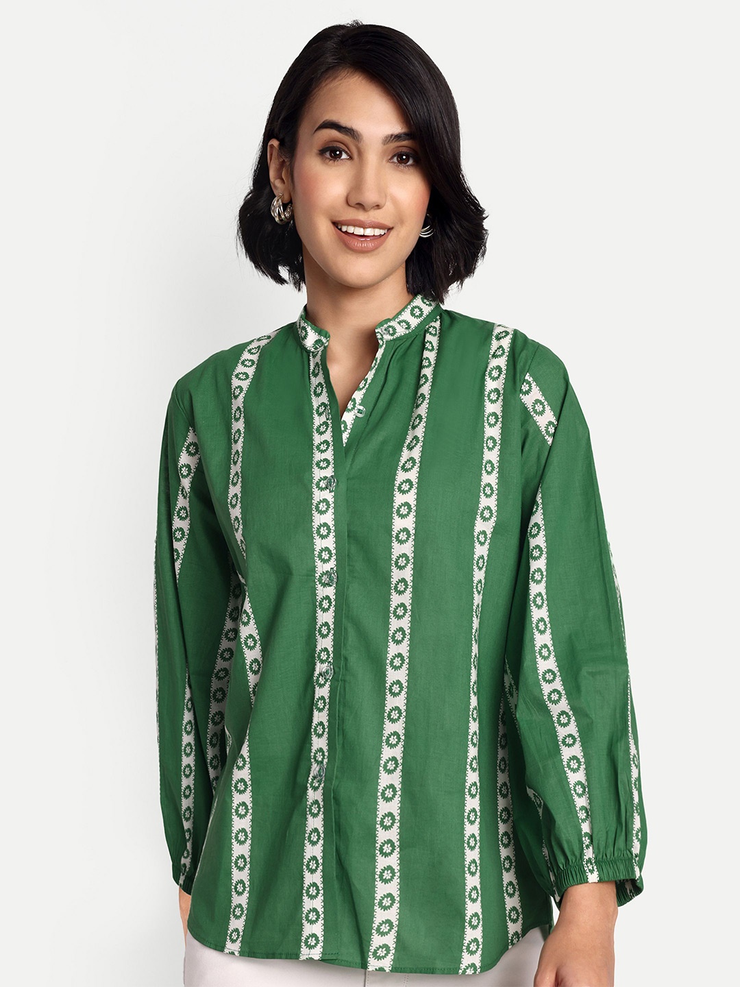 

GAB Women Mandarin Collar Floral Printed Pure Cotton Casual Top, Green