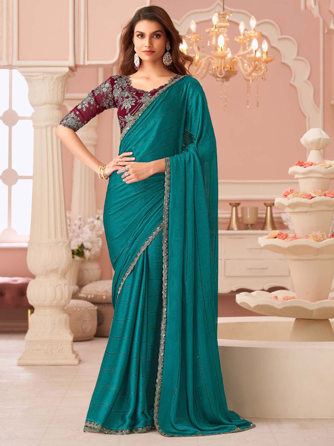 

Mitera Sequinned Satin Saree, Teal