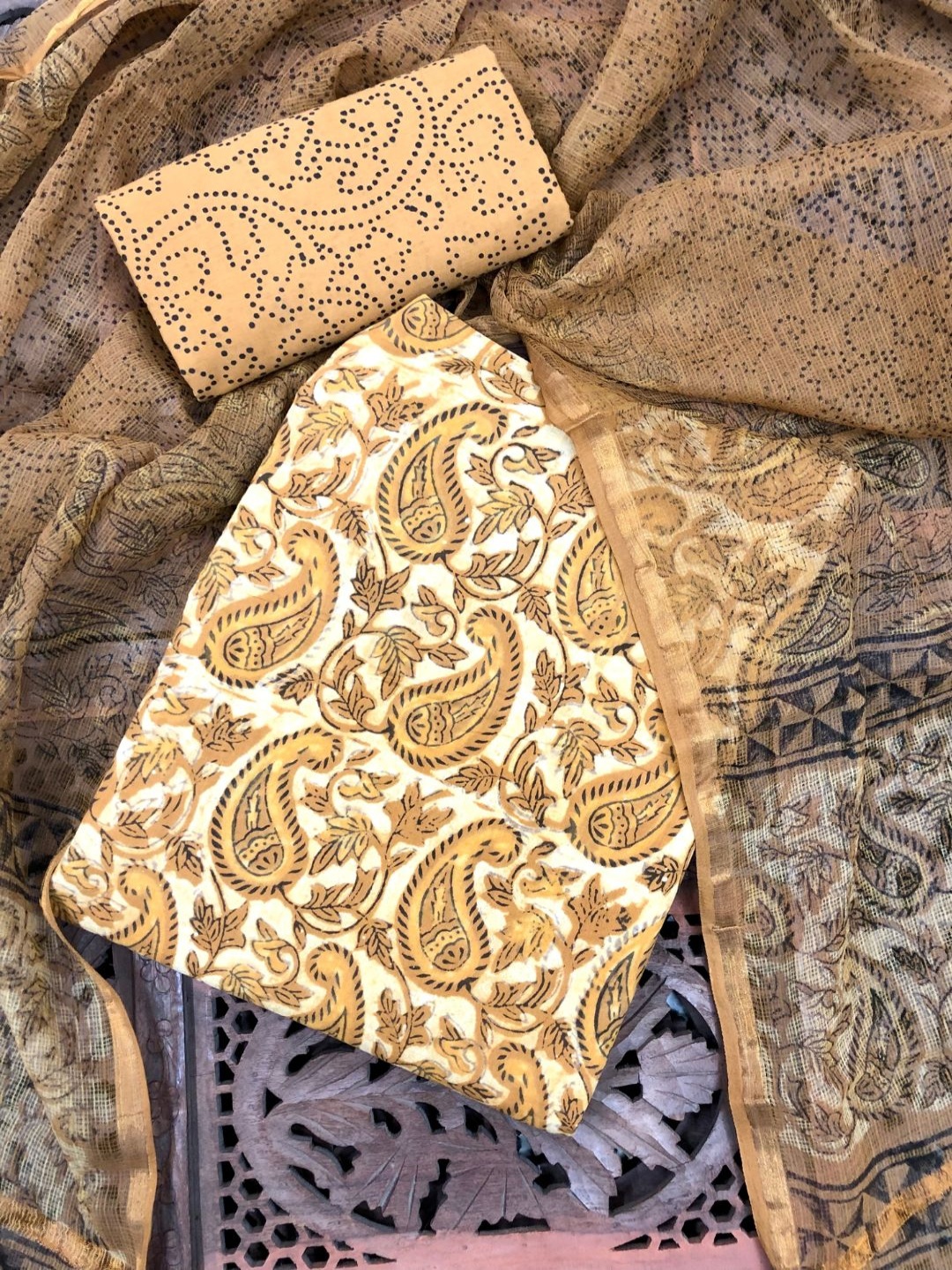 

PALASH Paisley Printed Pure Cotton Unstitched Dress Material, Beige