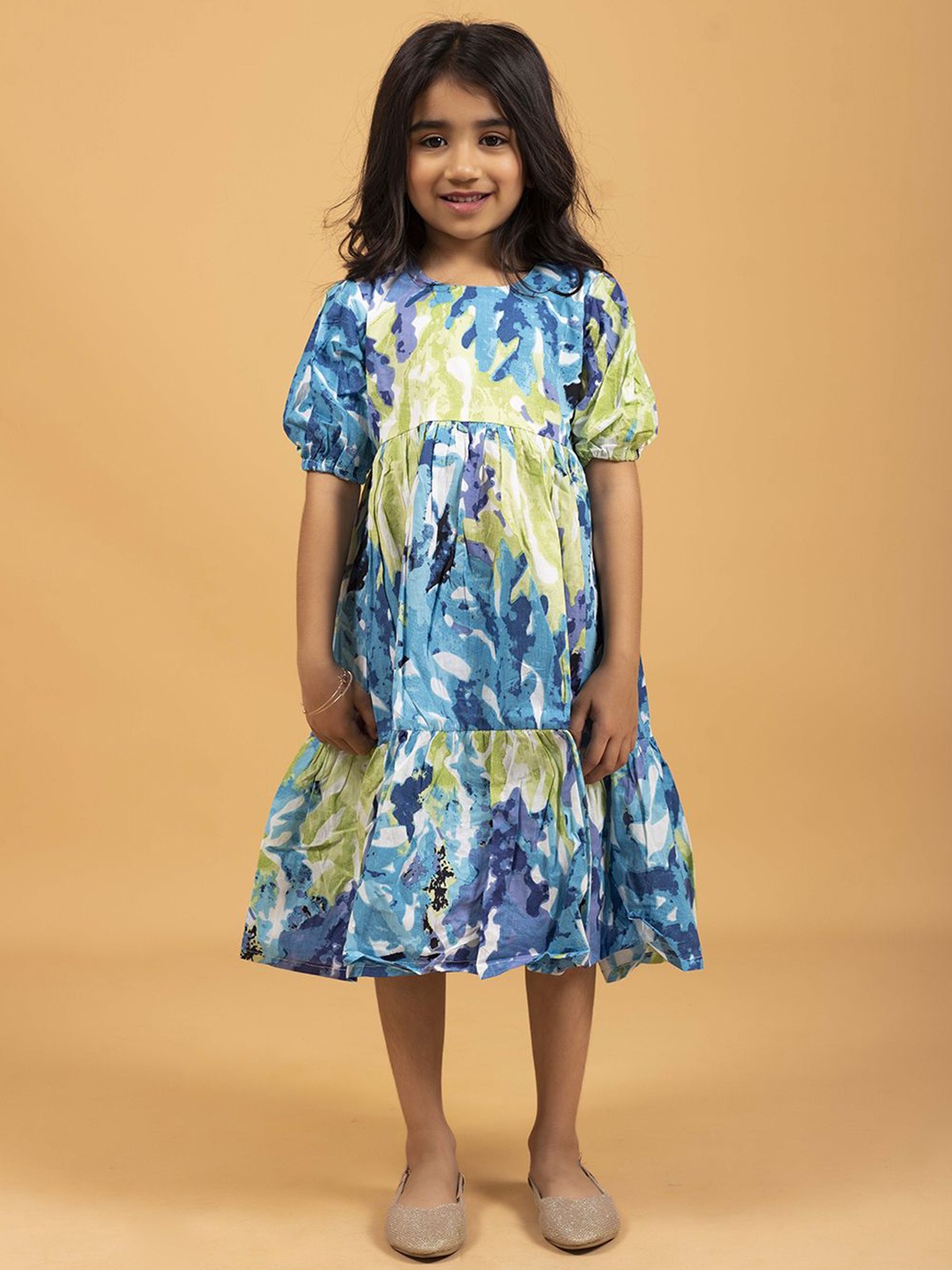 

SPARSA Girls Printed Puff Sleeves Cotton A-Line Midi Dress, Blue