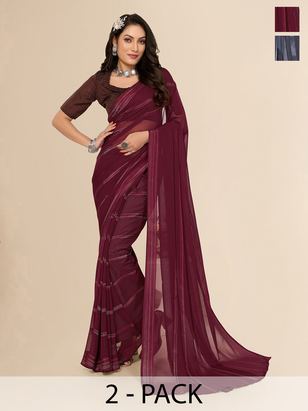 

Moda Rapido Pack Of 2 Striped Satin Saree, Maroon