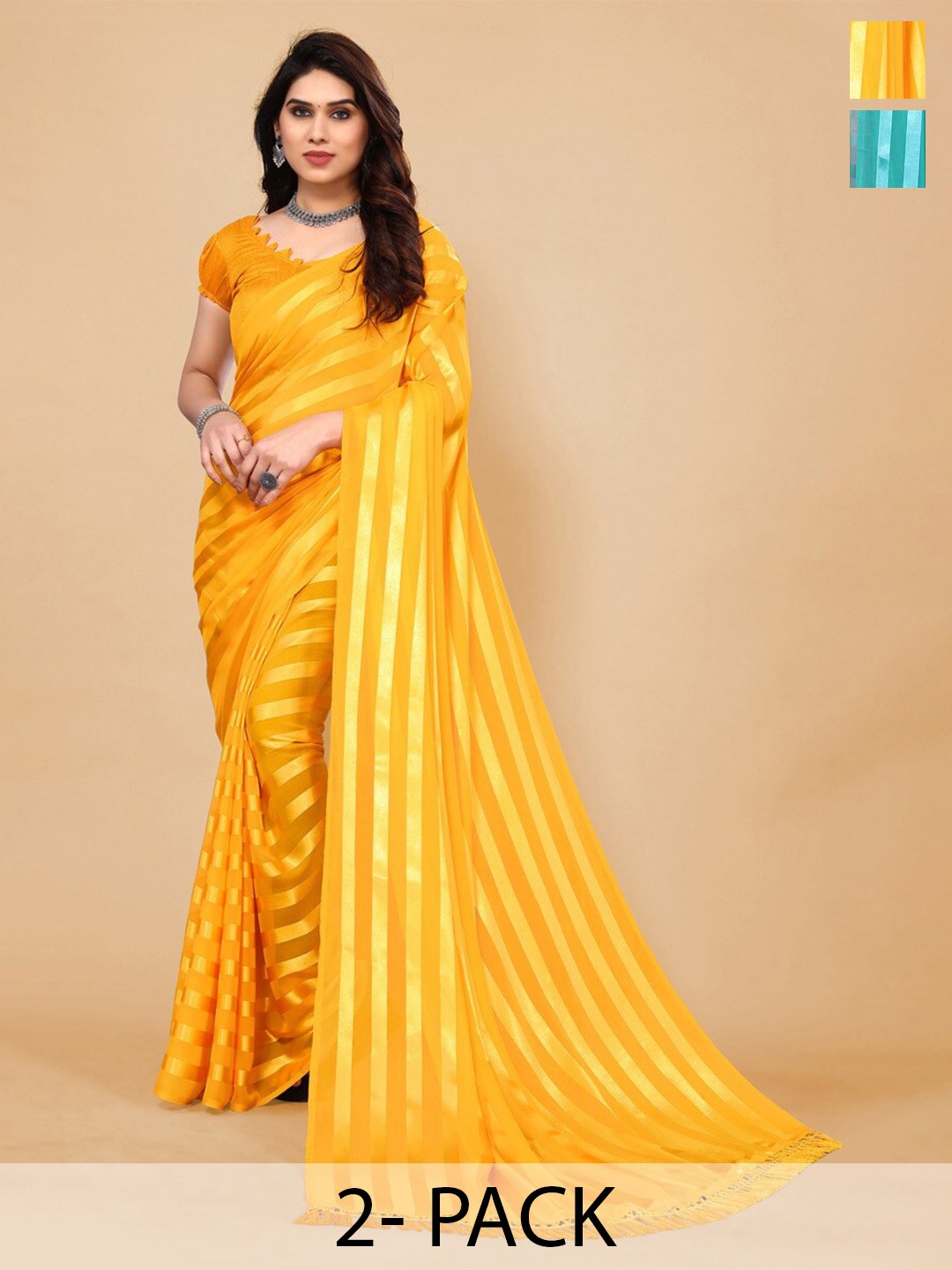 

Moda Rapido Pack Of 2 Striped Satin Saree, Yellow