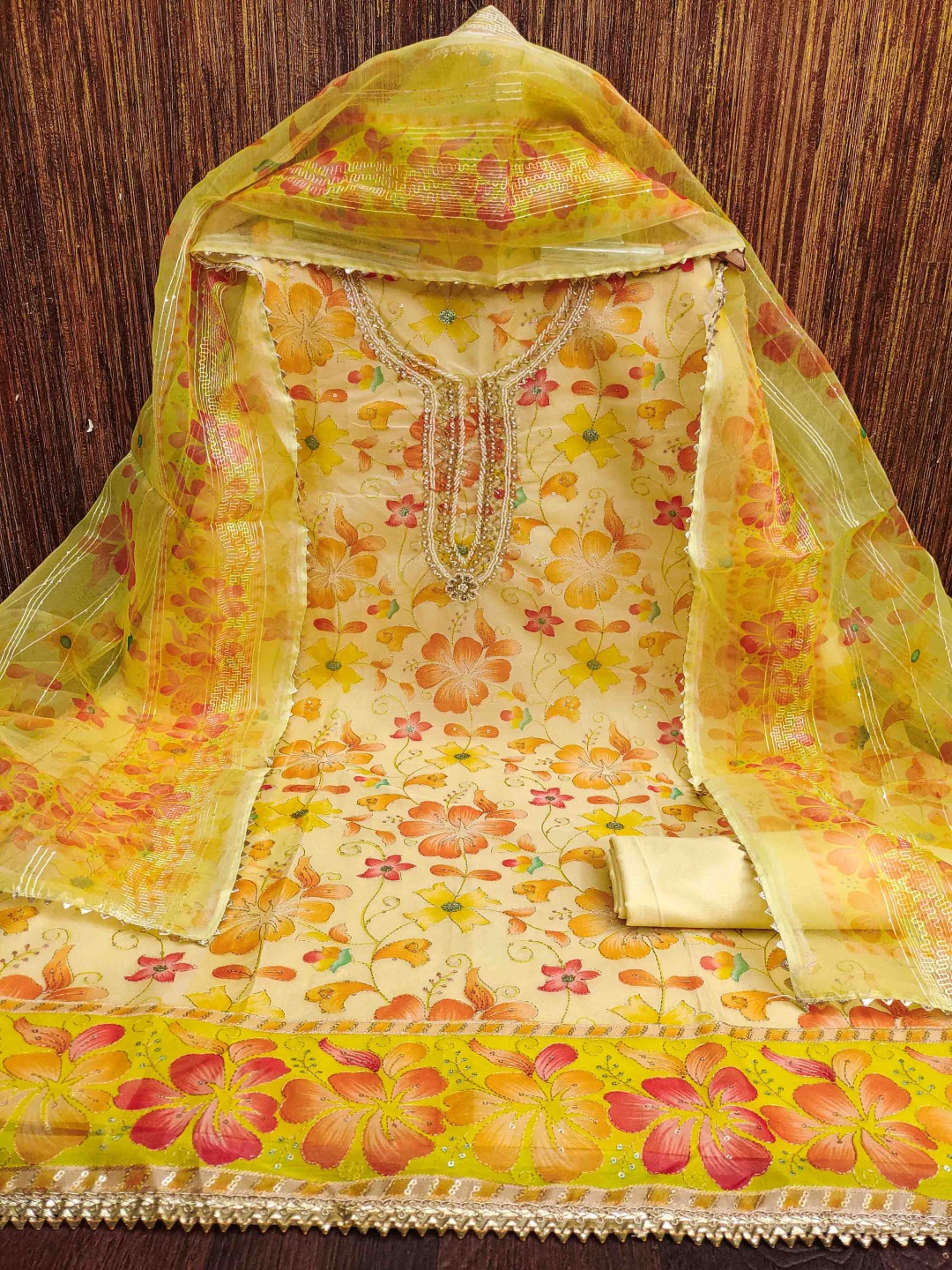 

Blissta Floral Printed Sequinned Organza Unstitched Dress Material, Yellow