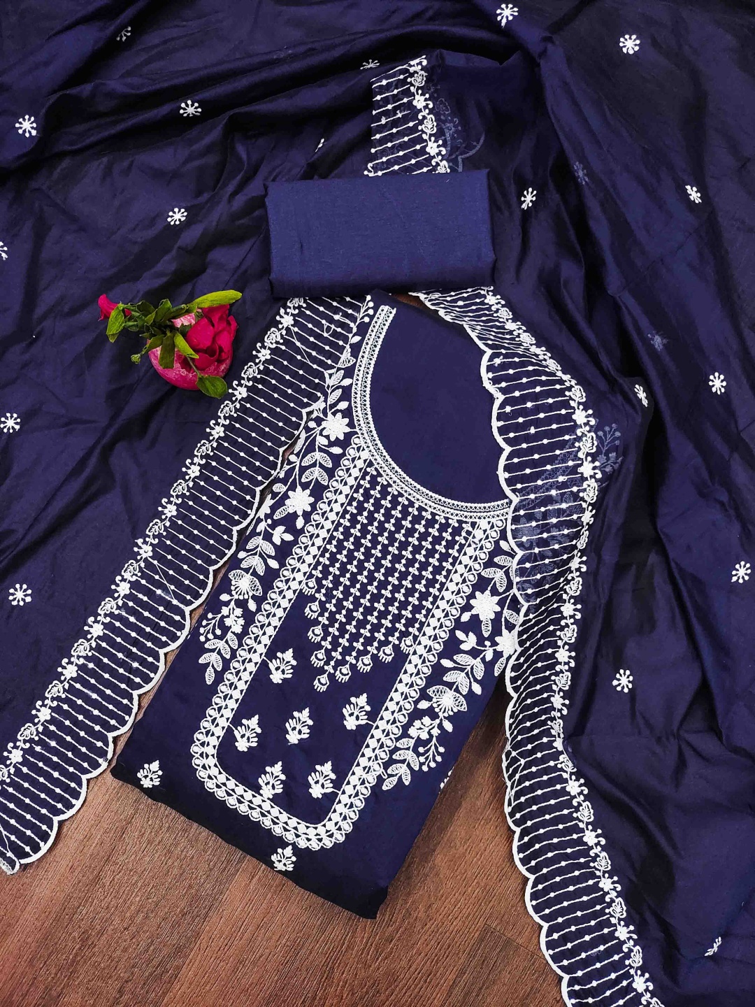 

Blissta Floral Embroidered Chanderi Cotton Unstitched Dress Material, Navy blue