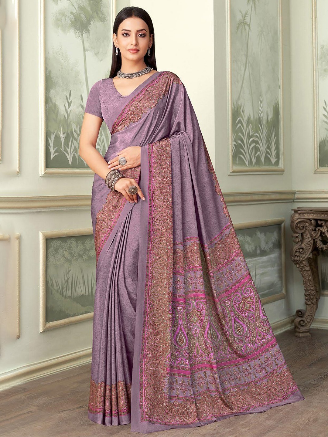 

DURGA EMPORIO Ethnic Motifs Printed Pure Crepe Saree, Mauve