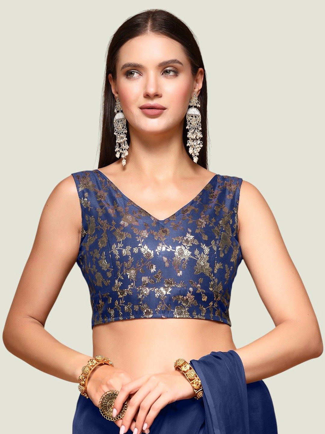 

Oomph! Self-Designed Jacquard Sleeveless Saree Blouse, Blue