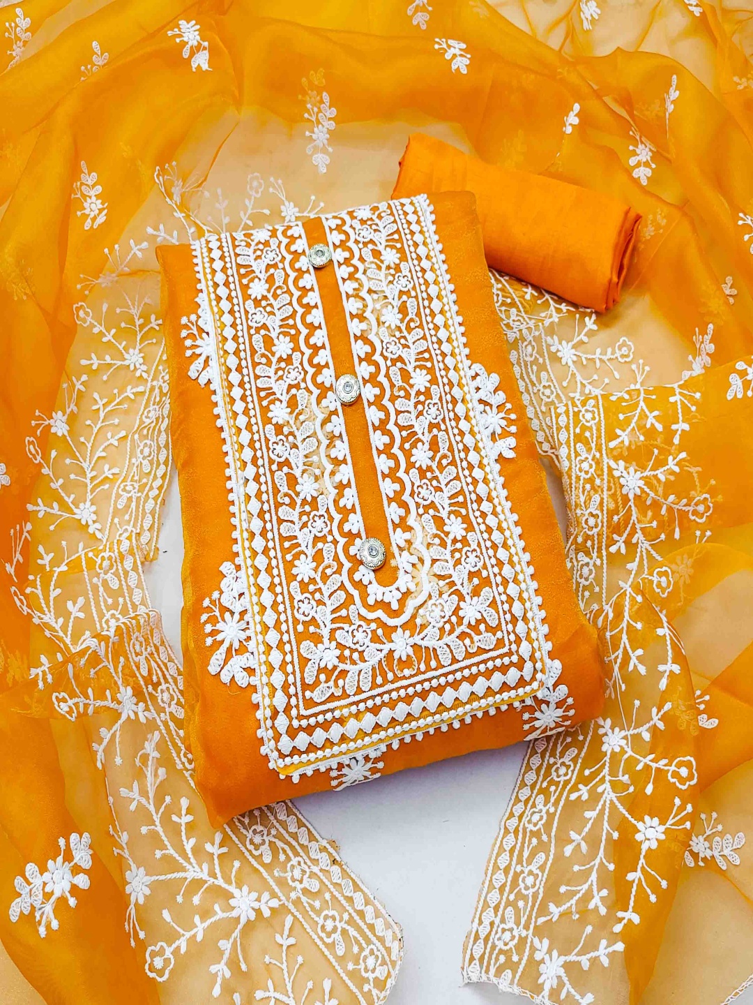 

KIMISHA Floral Embroidered Organza Unstitched Dress Material, Orange