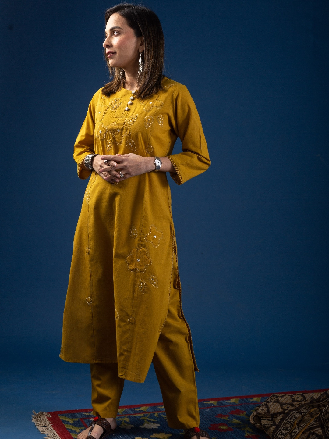 

KUSVAA Floral Embroidered Pure Cotton Kurta With Trouser, Yellow