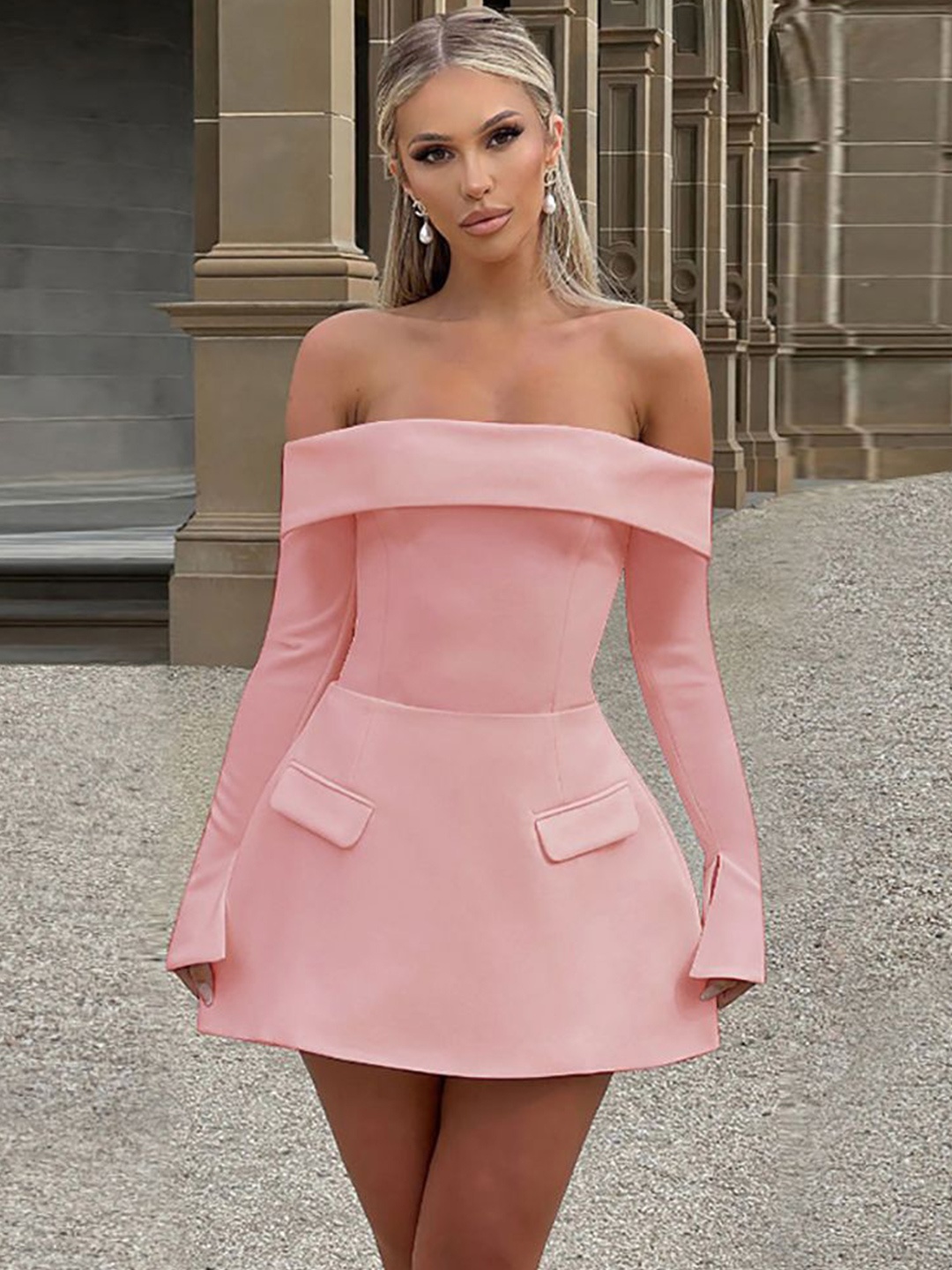 

StyleCast x Revolte Off-Shoulder Fit & Flare Mini Dress, Pink