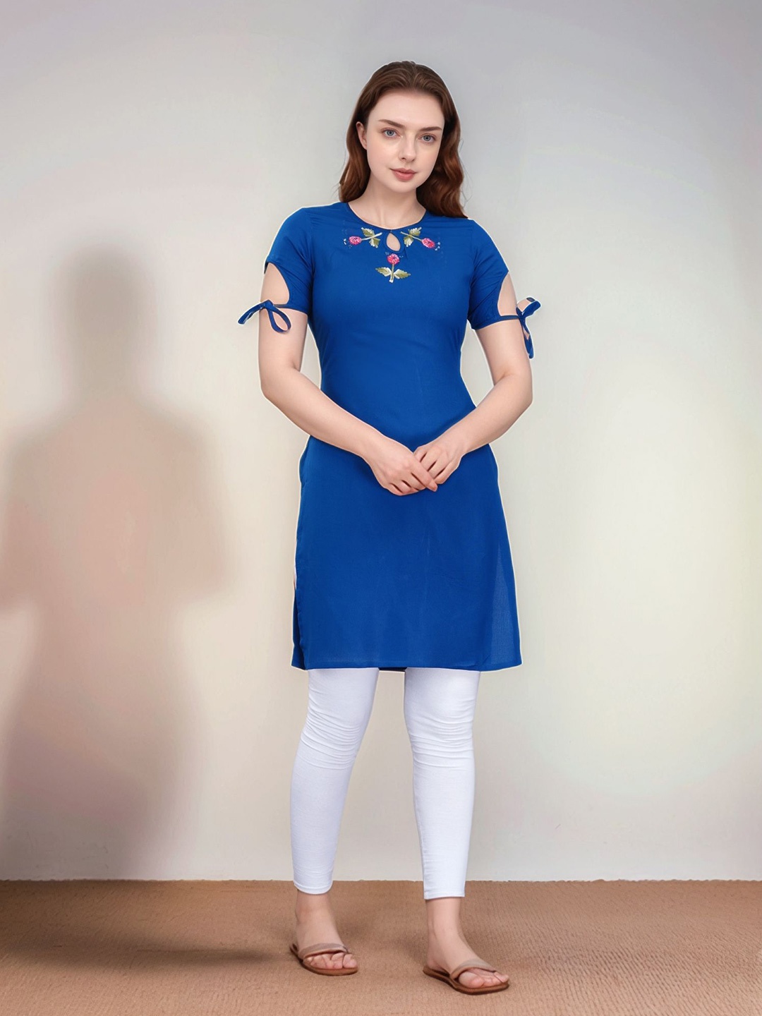 

BAESD Floral Embroidered Keyhole Neck Straight Kurti, Blue