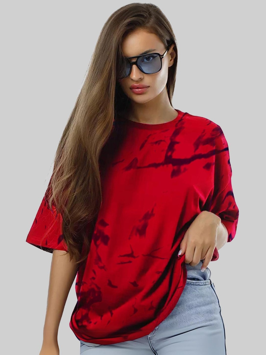 

Leotude Women Abstract Printed Round Neck Cotton Oversized T-shirt, Red