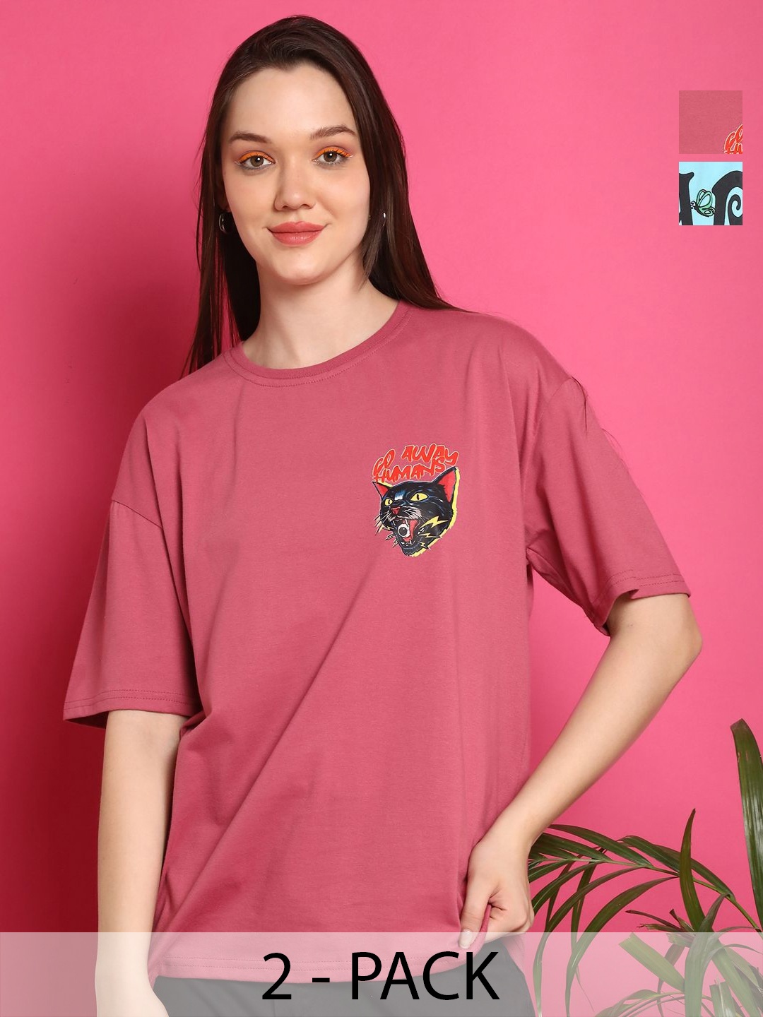 

Metronaut Women Pack Of 2 Graphic Printed Round Neck Cotton Oversized T-shirts, Peach