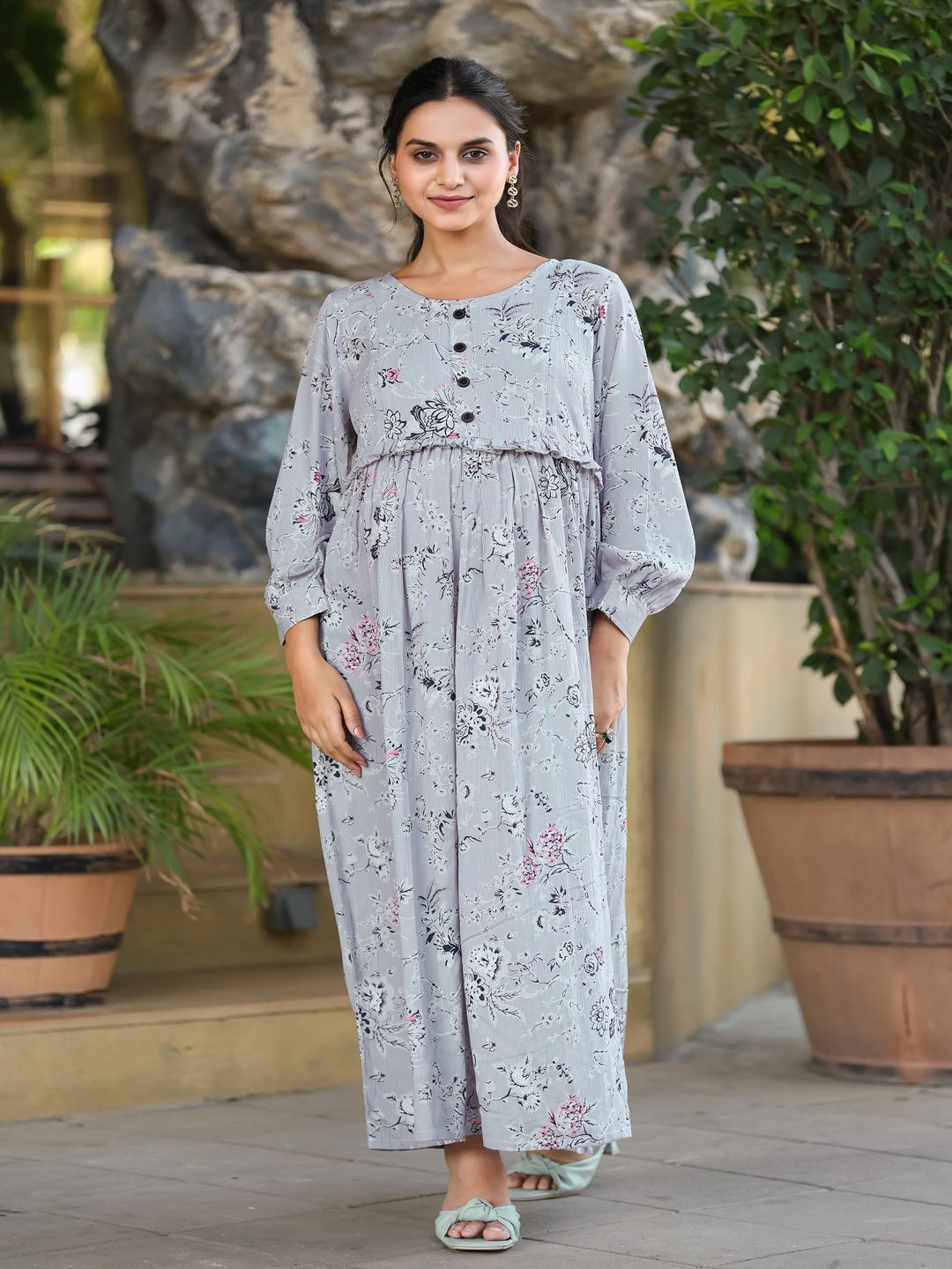 

SWEET MOON Floral Printed Maternity Fit and Flare Maxi Dress, Grey
