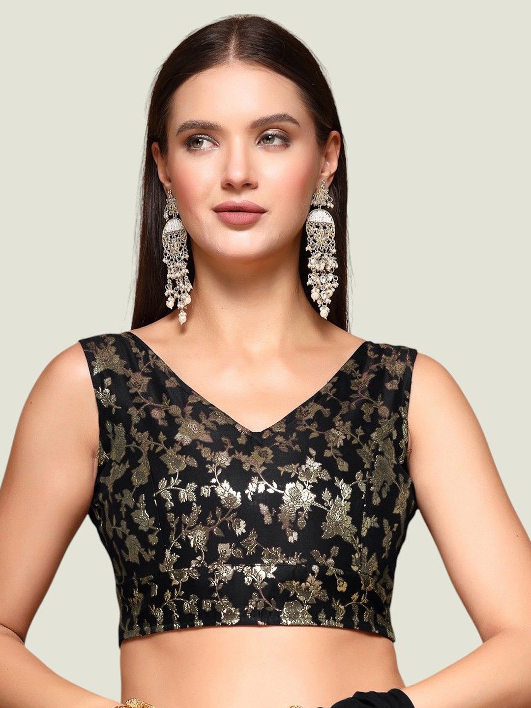 

Oomph! Women Woven Design Jacquard Sleeveless Saree Blouse, Black