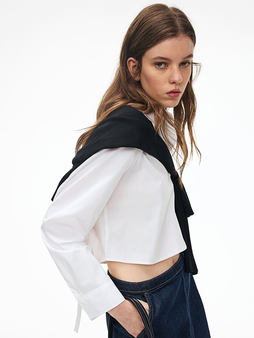 

H&M Cropped Tie-Detail Shirt, White