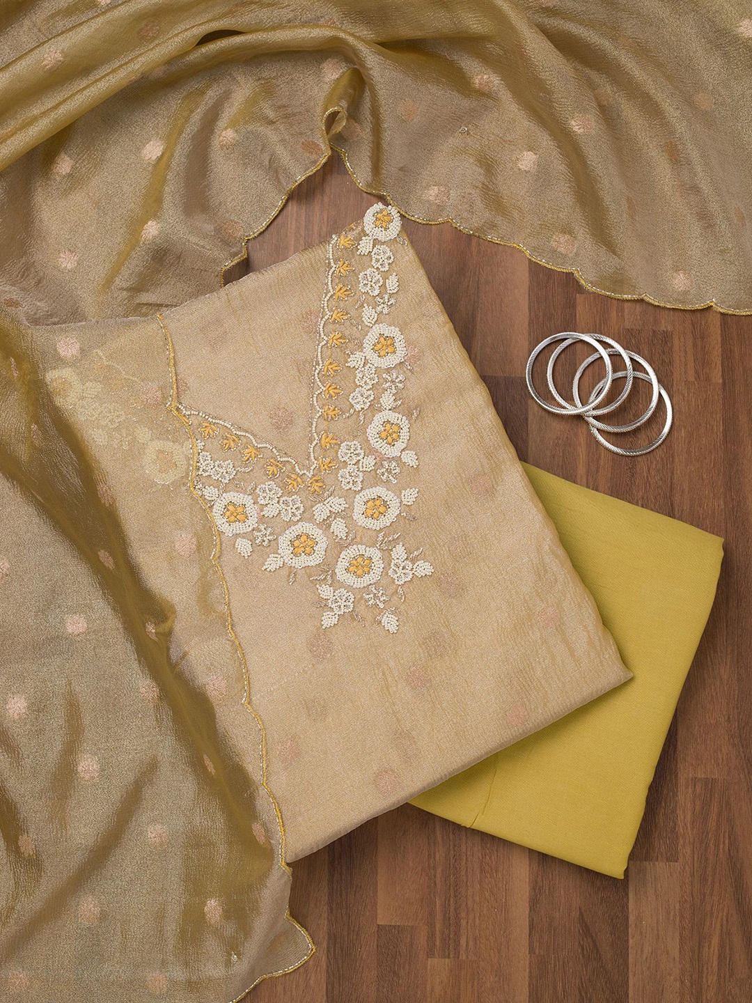 

Koskii Floral Embroidered Beads and Stones Unstitched Dress Material, Beige