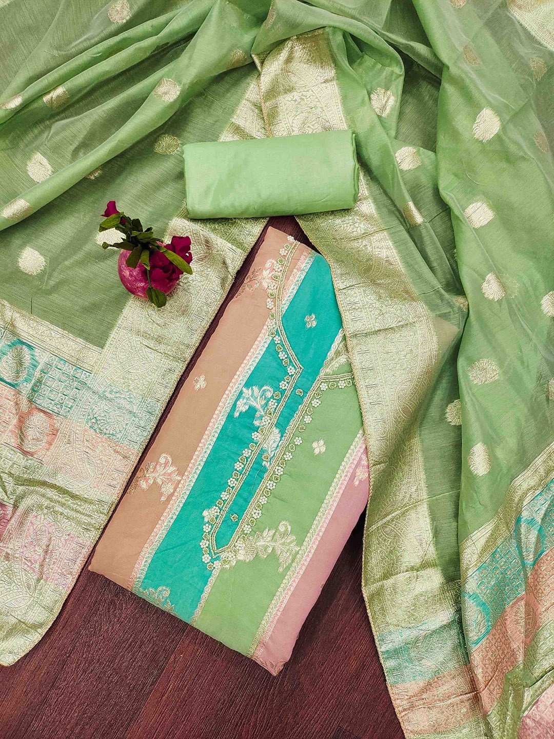 

KIMISHA Floral Woven Design Beads And Stones Unstitched Dress Material, Green