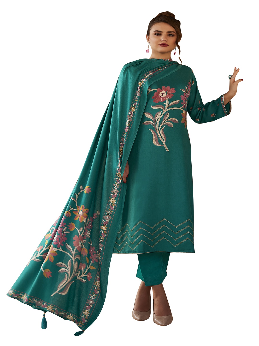 

DRAVINAM Trends Floral Printed Unstitched Pashmina Dress Material, Green