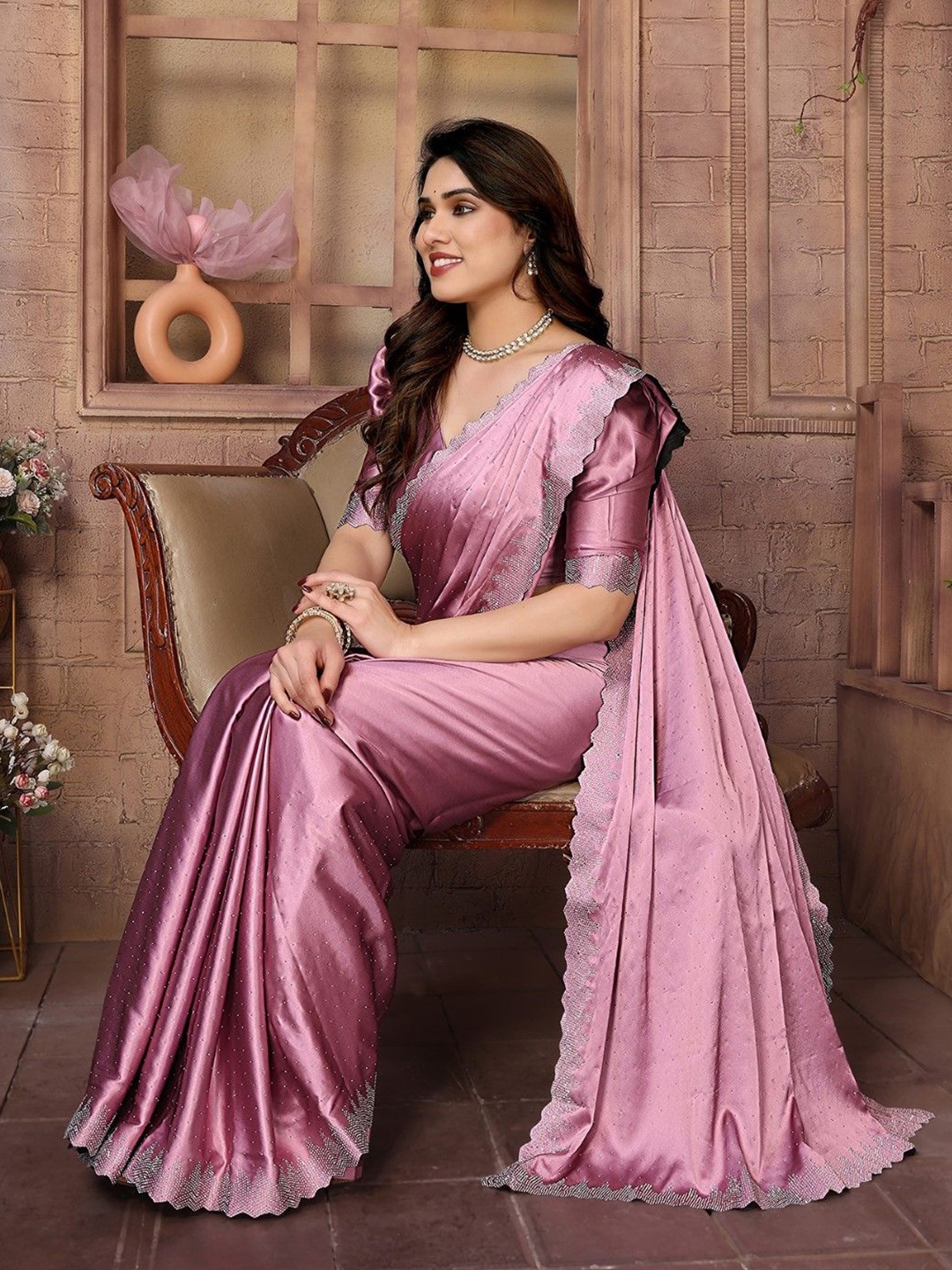 

KALINI Embellished Beads and Stones Satin Saree, Pink