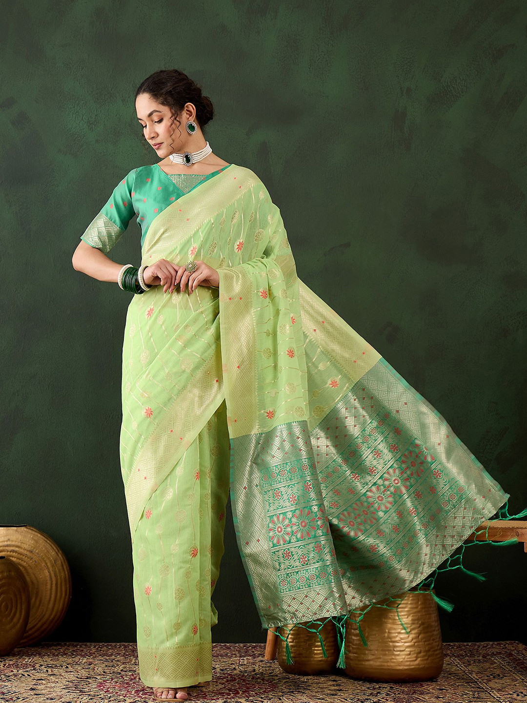 

HERE&NOW Woven Design Zari Banarasi Saree, Sea green