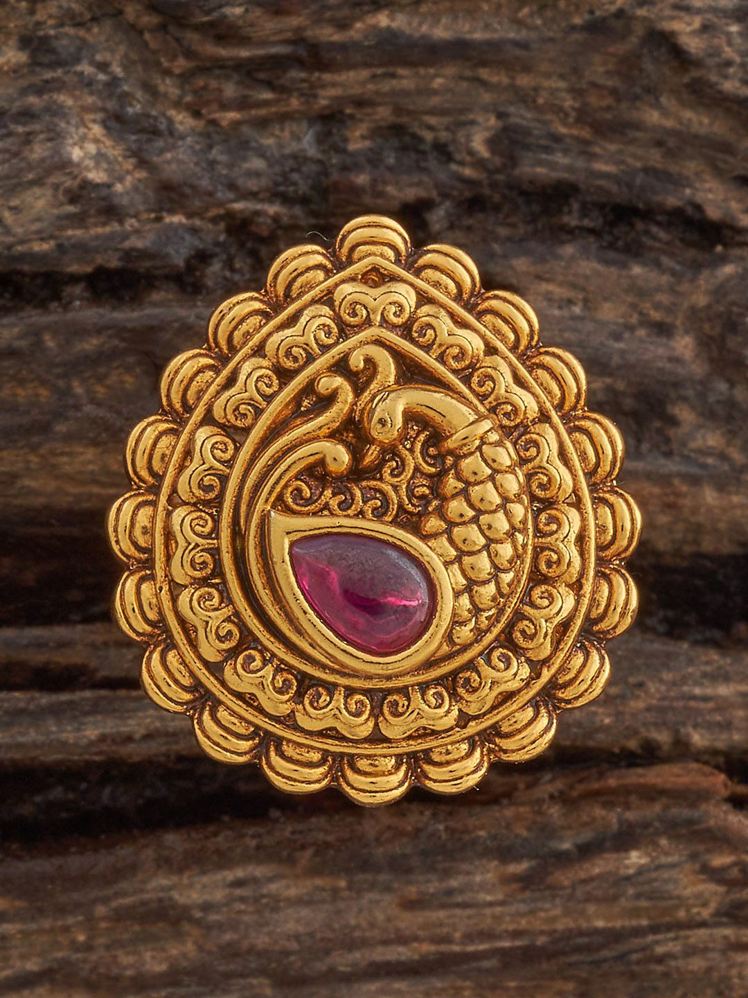 

Kushal's Fashion Jewellery Ruby Gold-Plated Stone-Studded Adjustable Antique Finger Ring
