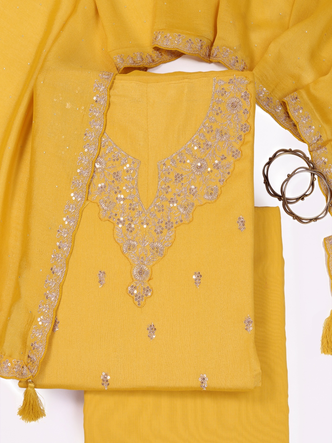 

KULEESH Floral Embroidered Silk Georgette Unstitched Dress Material, Yellow