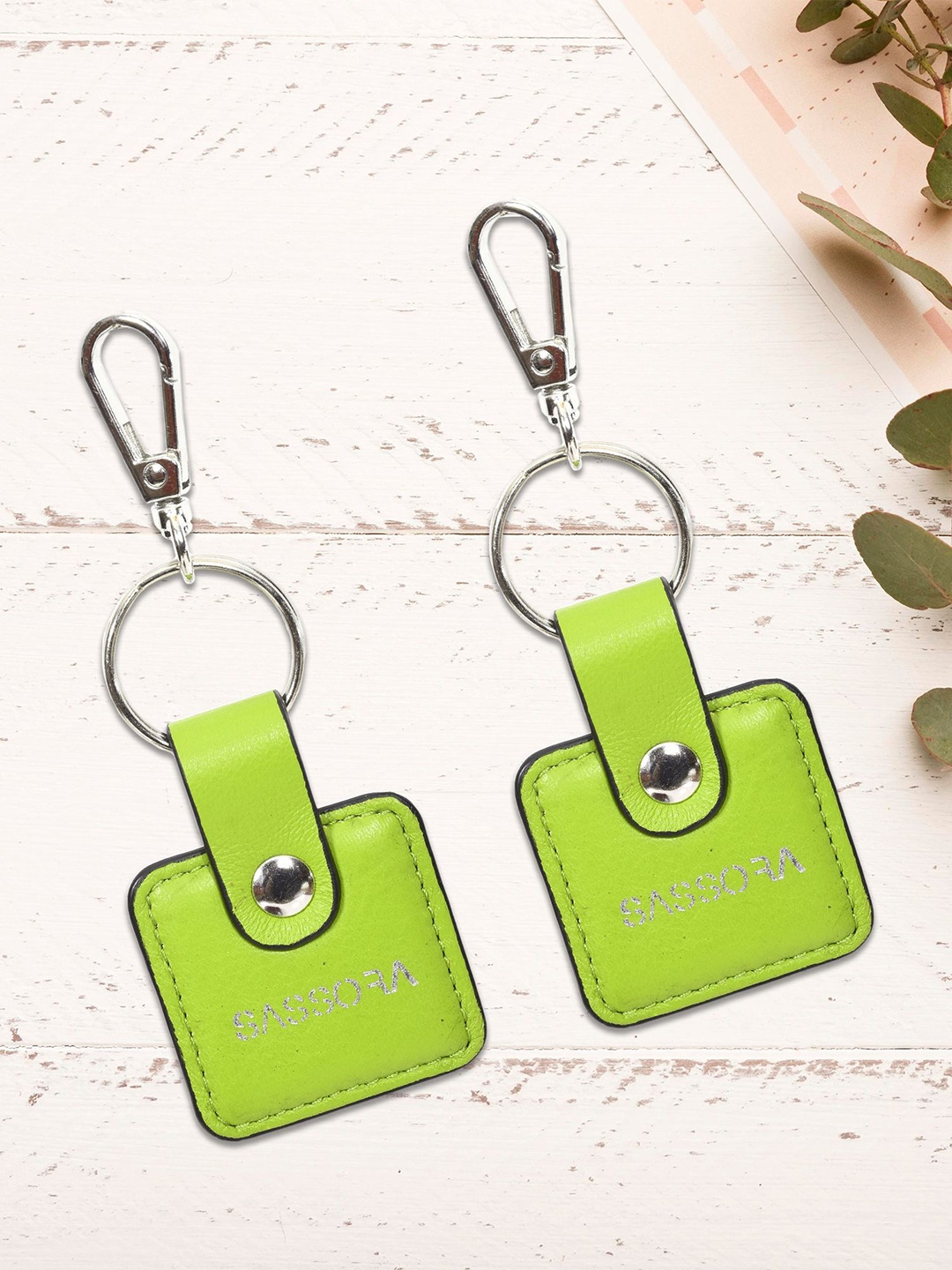 

Sassora Set Of 2 Printed Square Shape Genuine Leather Key Chains, Green