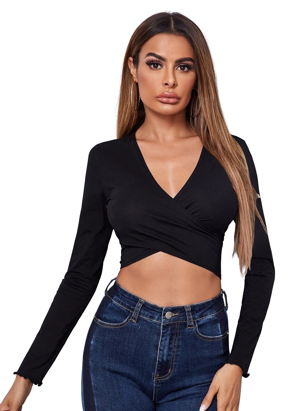 

AVANOVA Women V-Neck Wrap Crop Top, Black