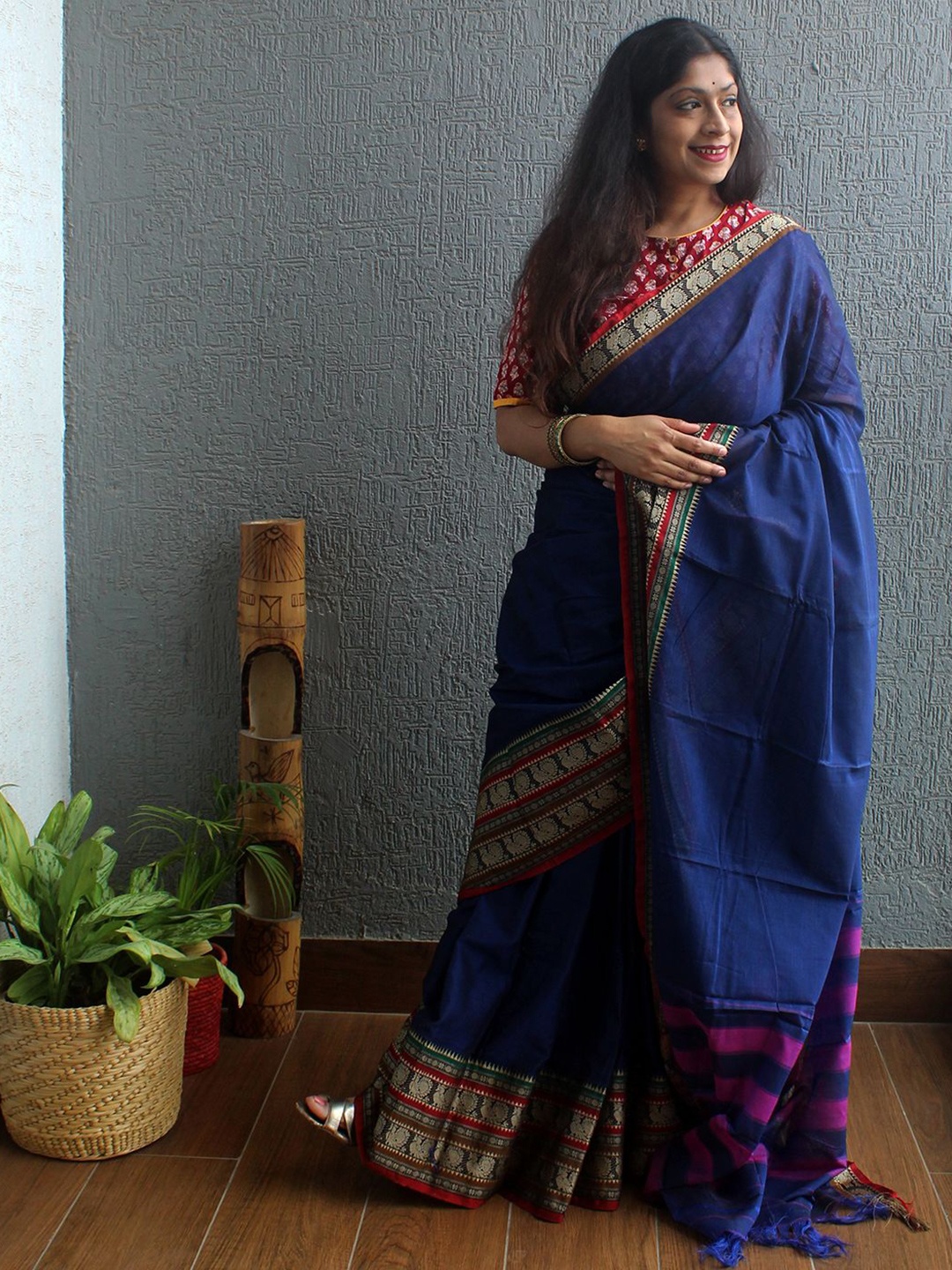 

Weaves of Tradition Pure Cotton Narayan Peth Saree, Blue