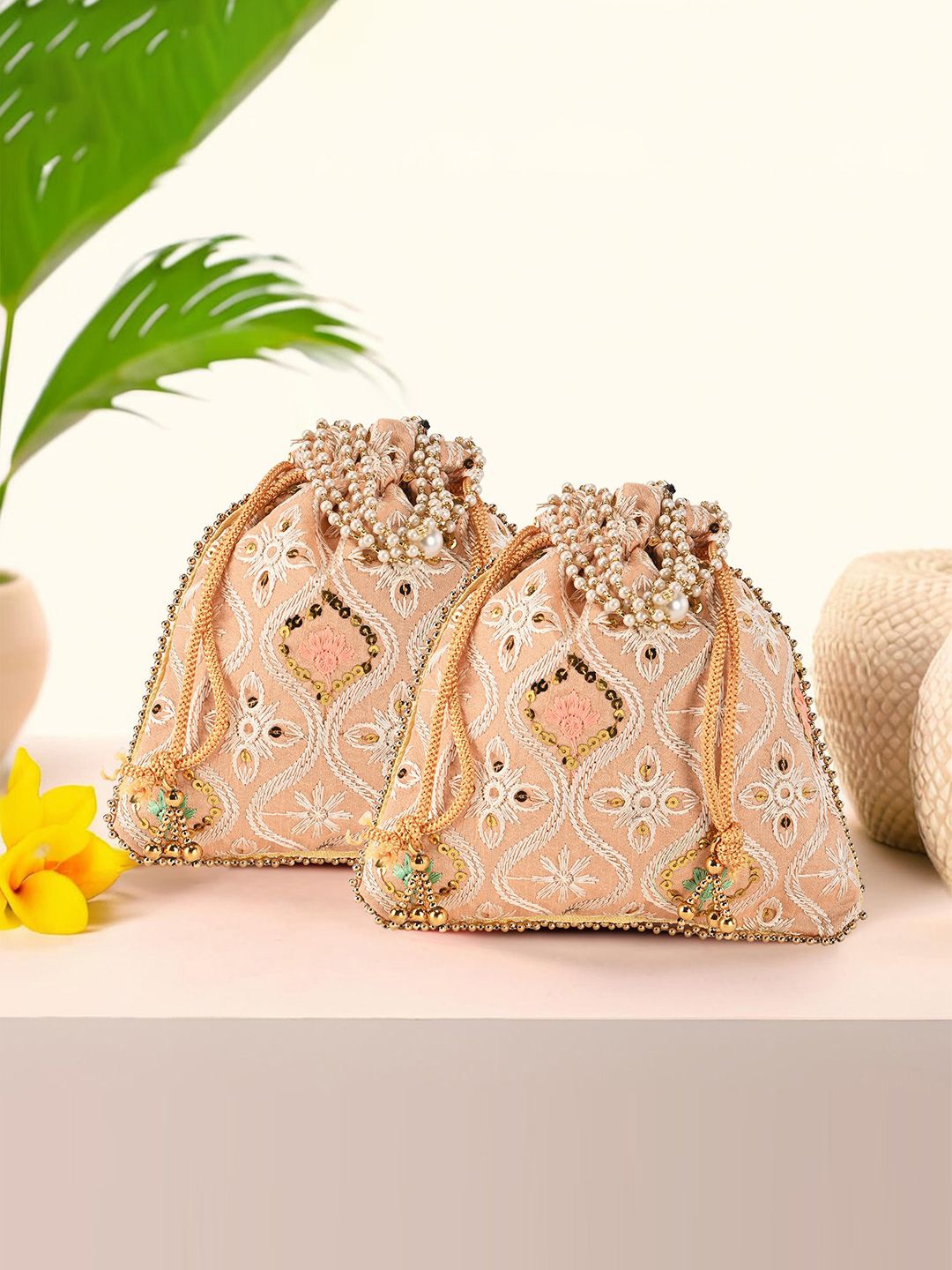 

Kuber Industries Unisex Set Of 2 Embroidered Potli Clutches With Pearl Handles, Peach