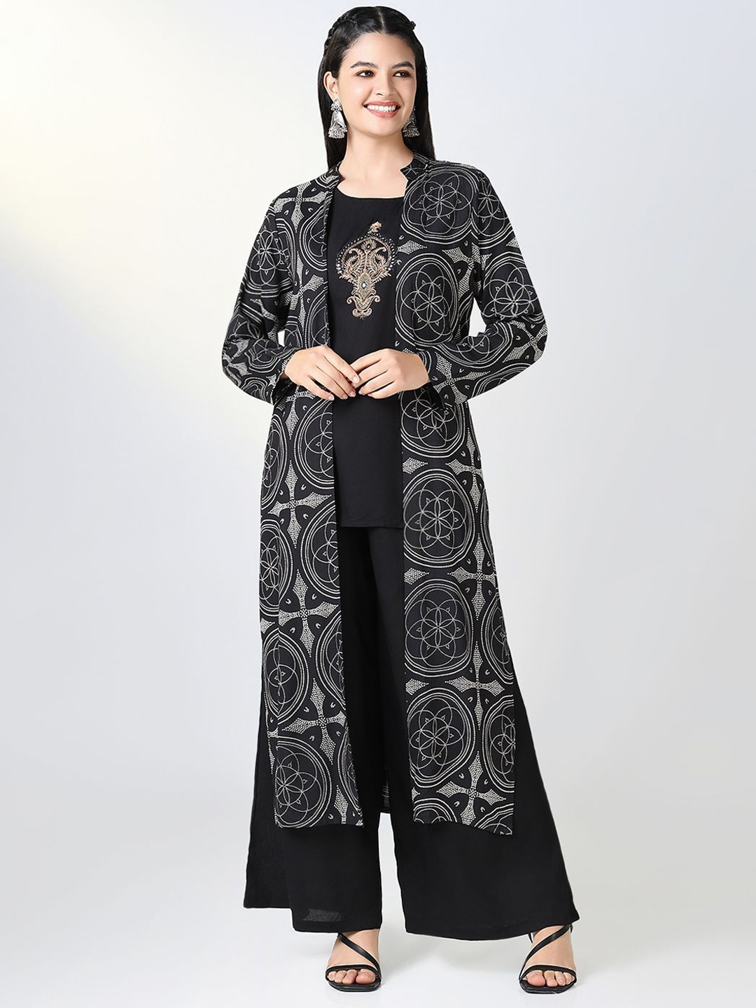 

SHOWOFF Floral Embroidered Round Neck Top And Palazzos With Shrug, Black
