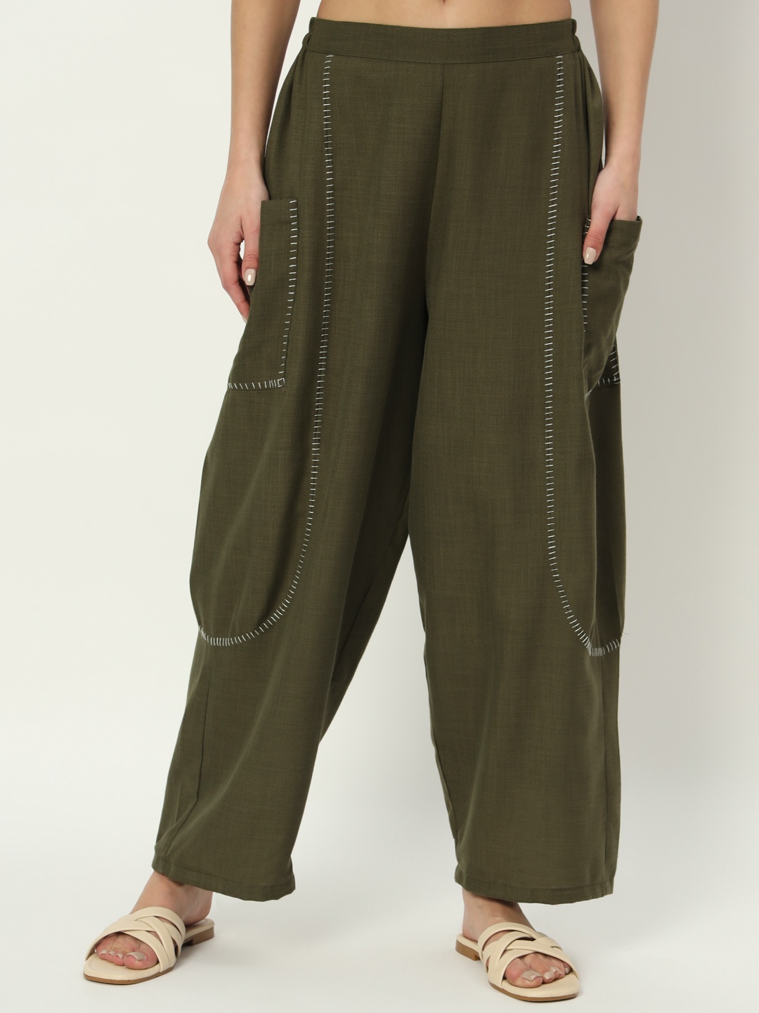 

9rasa Women Embroidered Loose Fit High-Rise Easy Wash Trousers, Olive