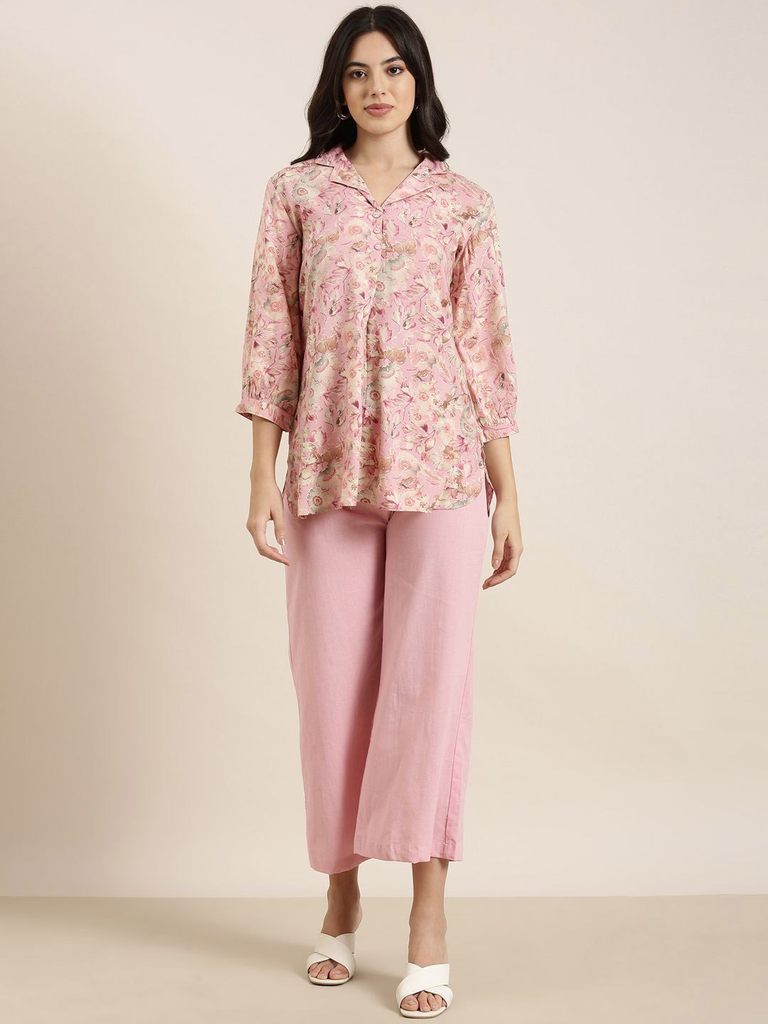 

SHOWOFF Floral Printed Shirt Collar Tunic And Trouser, Pink