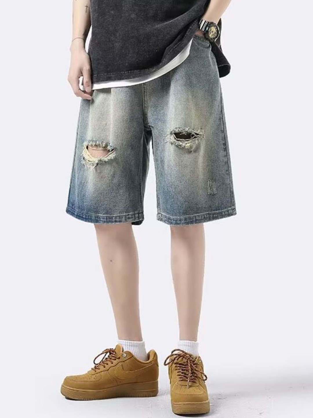 

HERE&NOW Men Loose Fit Denim Shorts, Blue
