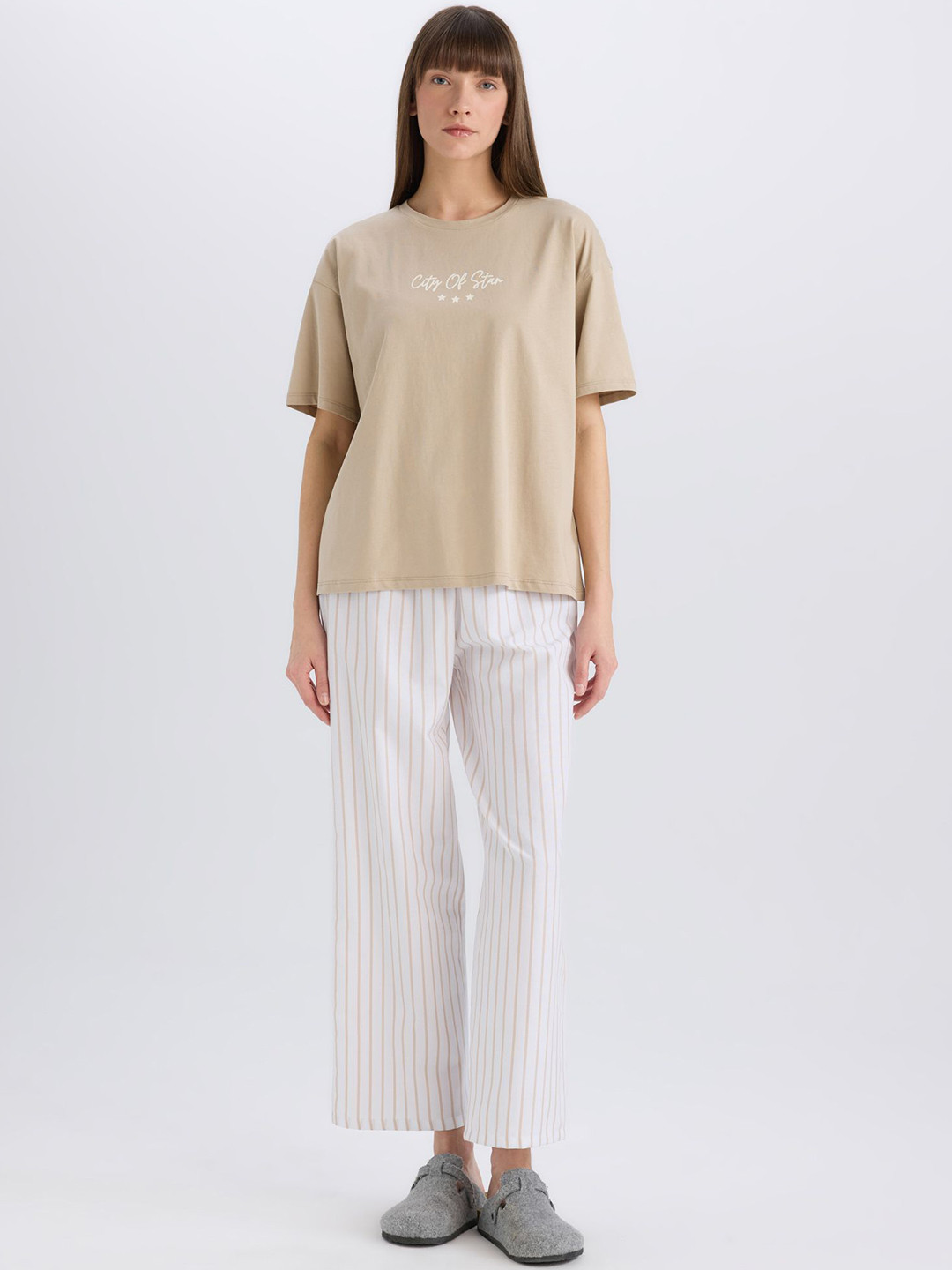 

DeFacto Printed Pure Cotton T-shirt And Trousers, Beige