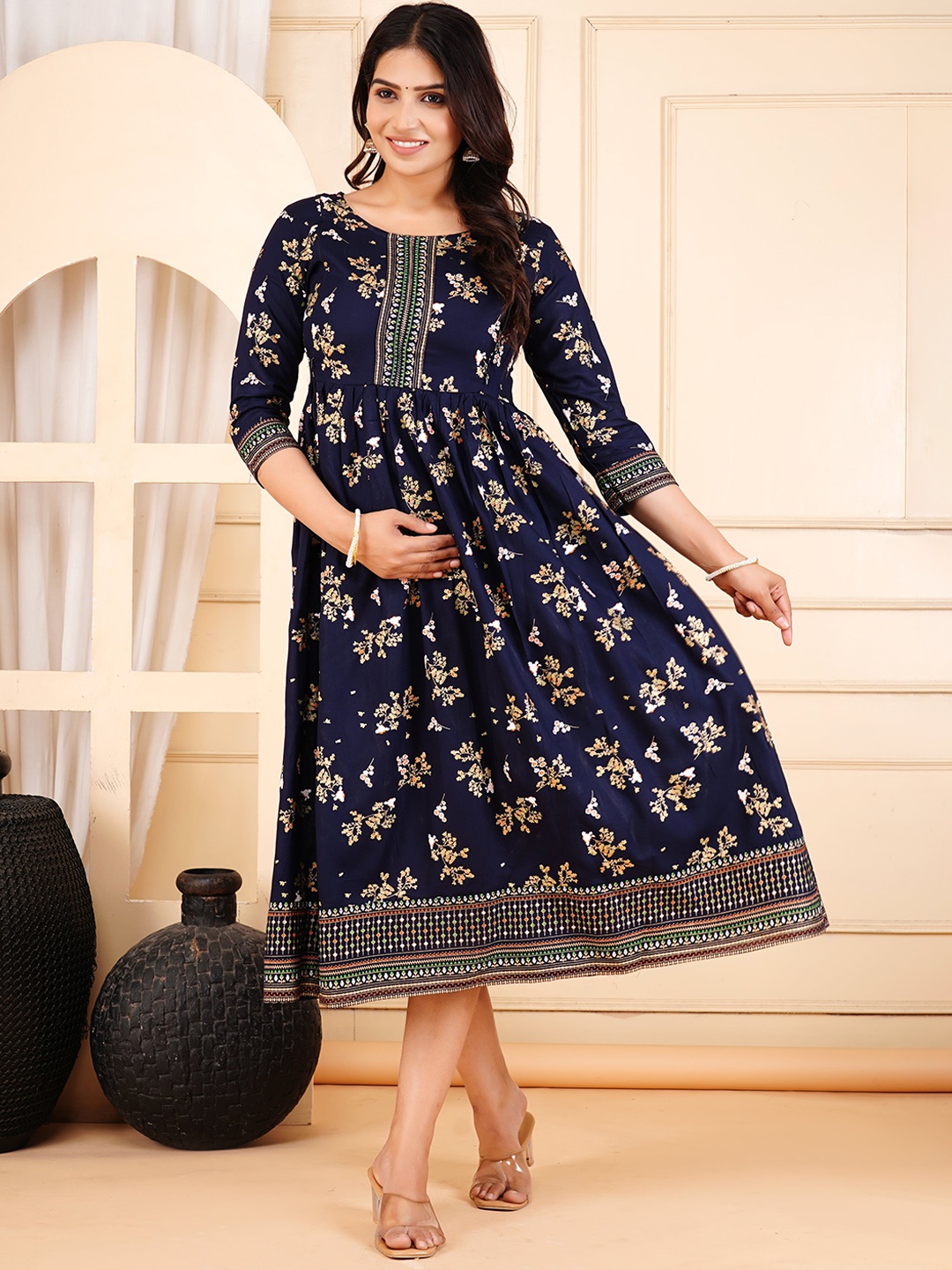 

clothonus Maternity Floral Printed Pleated Anarkali Ethnic Dress, Blue