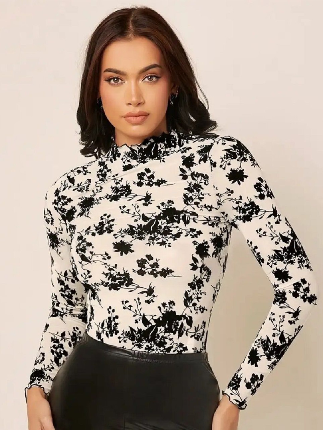 

KALINI Women Floral Printed High Neck Top, Cream