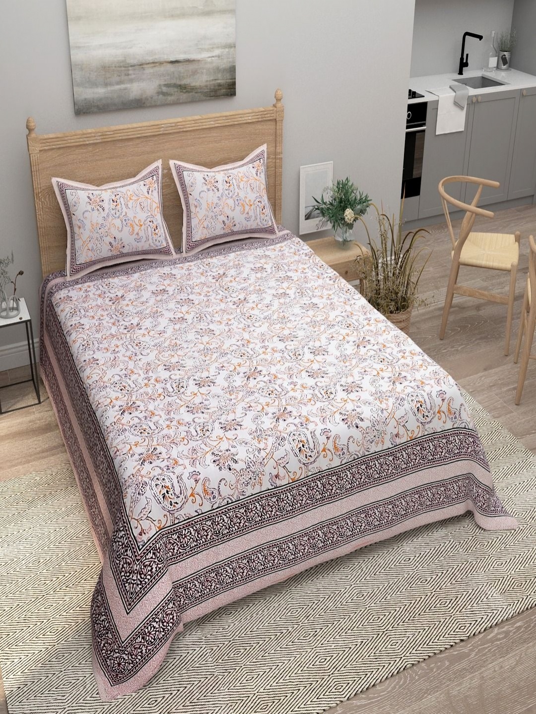 

Myntra Elegant Homes Beige Floral Pure Cotton 180 TC Bedsheet Set-2.74m x 2.54m