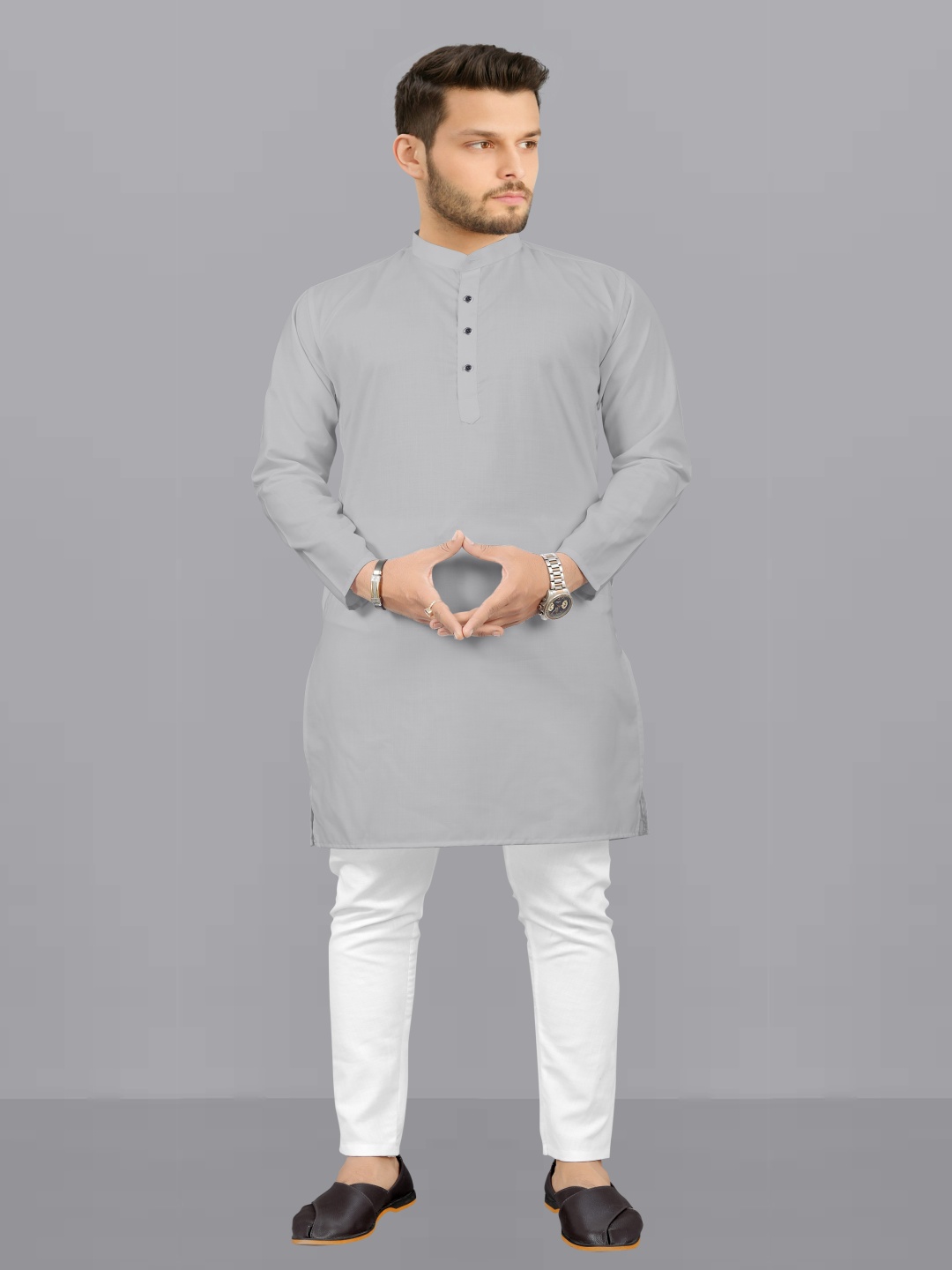 

Fashion FRICKS Band Collar Long Sleeves Kurta With Pyjamas, Grey