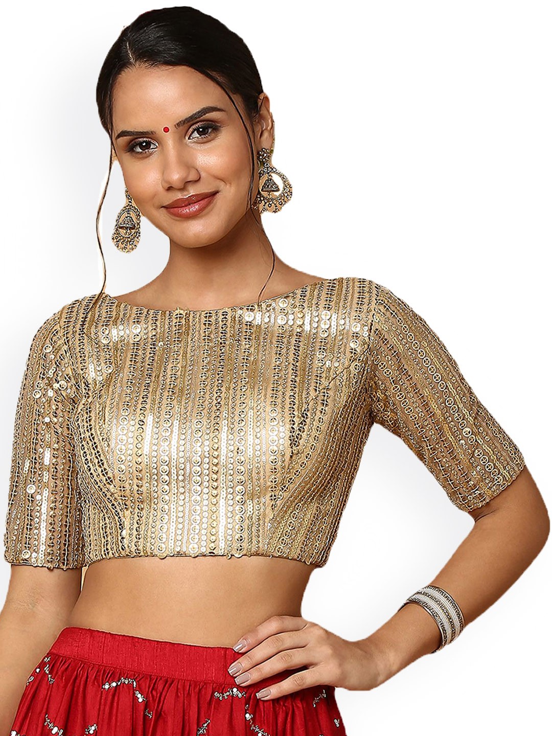 

Mmore Sequin Embroidered Padded Saree Blouse, Gold
